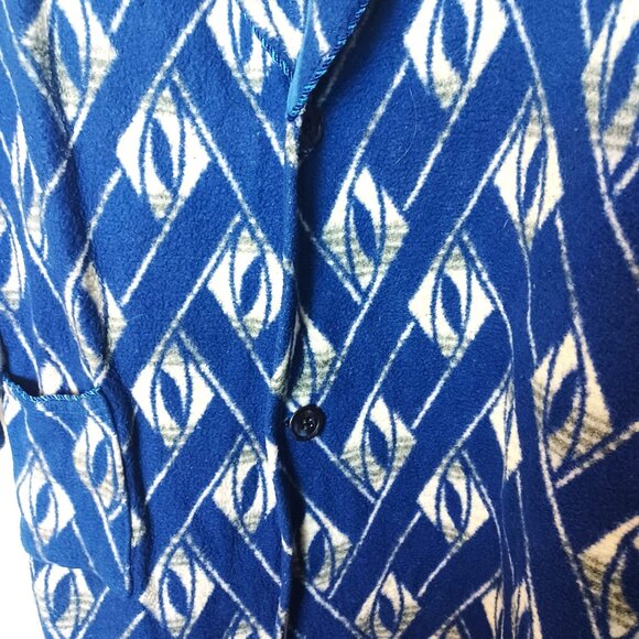 Vintage Edmond "Super" Blue & White Geometric Pattern Robe With Braided Accent & - Picture 2 of 6